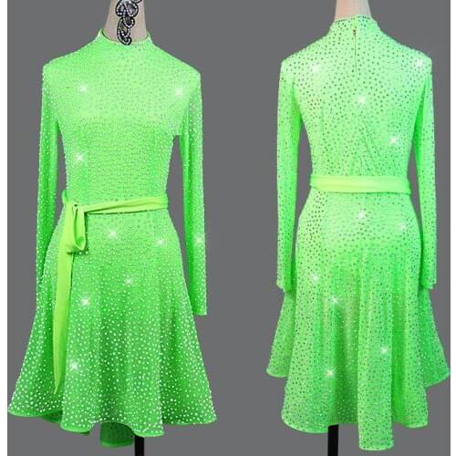 New Latin Dance Dress Fluorescent Green Competition Costume Long Sleeve Dress Autumn Dress Women Salsa Dress Perform Wear BL2811
