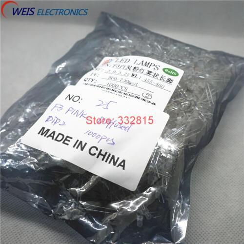 1000PCS F3 PINK DIFFUSED DIP-2 long pin 3MM LED 3.0-3.2V 455-460NM 500-700MCD Light beads Free shipping