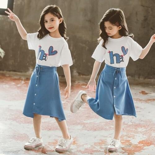 2021 Teenager Summer Girls clothes heart print T Shirt + Irregular Skirt Outfits Children A-LINE 5 6 7 8 9 10 11 12 13 14 year