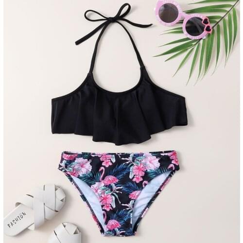 Halter Top Girl Bikini Tropical&Flamingo Girl Swimsuit Kids Falbala Two Piece Childrens Swimwear 7-14 Years Girls Bathing Suit
