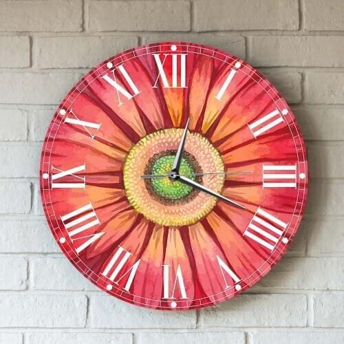 Large Wall Clock Watch Red Watercolour Gerbera Daisy Paints Sunflower Floral Pattern Horologe Living Room Decoration Mute Clocks