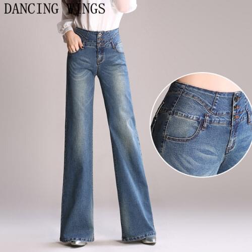 Denim wide leg pants female summer and autumn loose straight pants Retro Style Bell Bottom Pants high waist women casual jeans