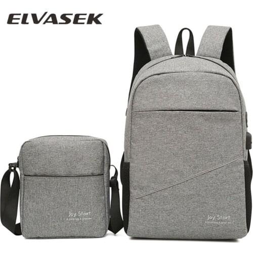 ELVASEK 2020 2PCS/Set Simple Leisure Travel Backpack Male Multifunctional Laptop Bag man School Bag with USB Connector