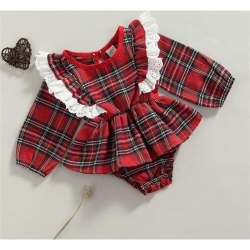 0-24 Months Newborn Baby Girl Classic Red Plaid Romper Toddler Long Sleeve Soft Lace Trim Ruffle Christmas Bodysuits Autumn