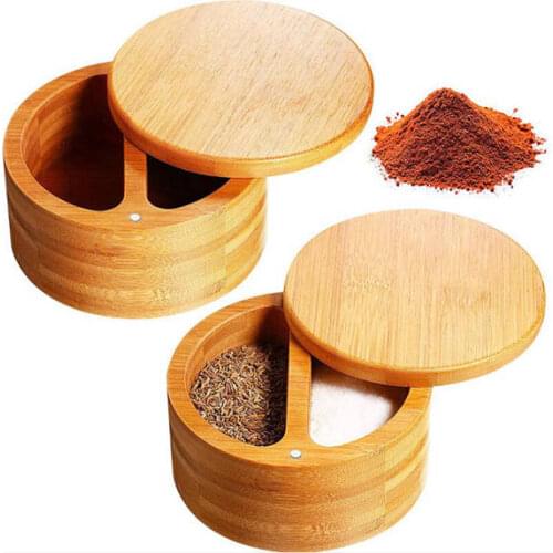 Kitchen Utensils Bamboo Storage Box 2 Compartment Seasoning Jar Salt Shaker