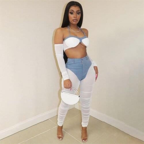 CHRONSTYLE Mesh Sheer See Through Patchwork Pants Leggings Trousers 2021 Fashion Women High Waist Bodycon Party Club Streetwear