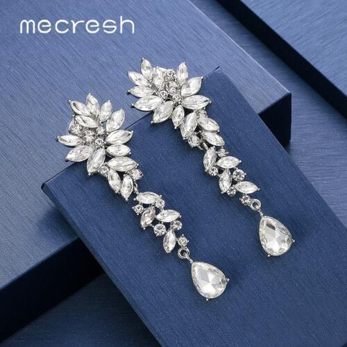 Mecresh Cluster Leaf Crystal Women Wedding Drop Earrings Silver Color Bridal Teardrop Long Earring Pin Clip on Earrings MEH1566