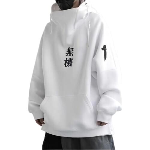 2021 Spring Autumn Men High Neck Fish Mouth Fleece Embroidery Hoodie Japanese Hip Hop Streetwear Sweatshirts Oversized Male Tops