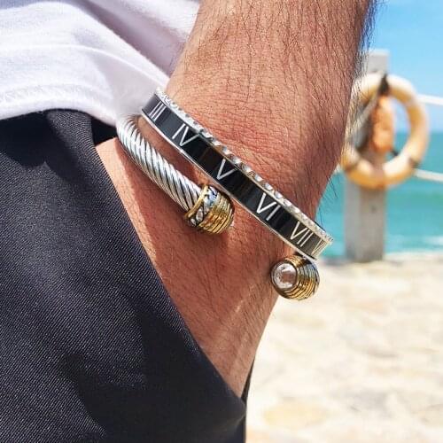 Outdoor Black Roman Numeral Bracelet Mens Cable Wire Rope Bracelet Stainless Steel Men Bangles Punk Street Jewelry Accessories