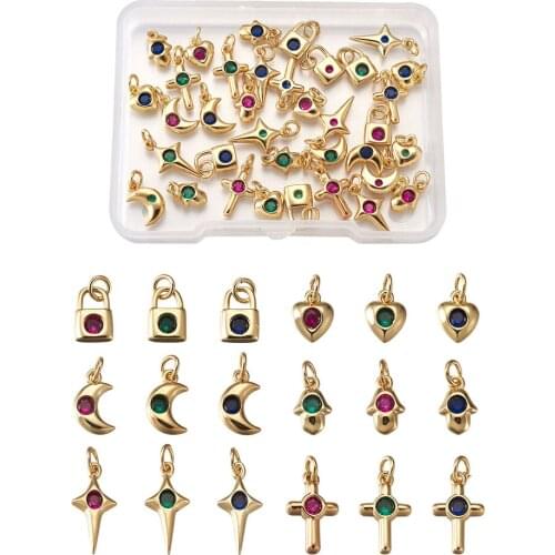 36pcs Brass Micro Pave Cubic Zirconia Charms Star Moon Cross Lock Pendant for DIY Bracelet Necklace Jewelry Making Accessories