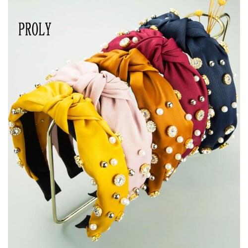 PROLY New Fashion Women Headband Baroque Hairband Pearls Rhinestone Hair Band Middle Center Turban Hair Accessories Wholesale