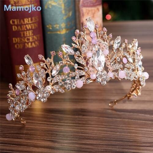 Mamojko Luxury Pink Gold Silver Pearl Bridal Crowns Handmade Tiara Bride Crystal Wedding Crown Diadem Dress Hair Accessories