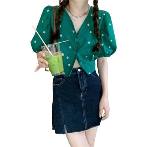 PERHAPS U Girls Sweet Summer Causal Cotton Linen Flower Embroidery V-Neck Puff Sleeve Single Breasted Short Slim Shirt TopsB3086