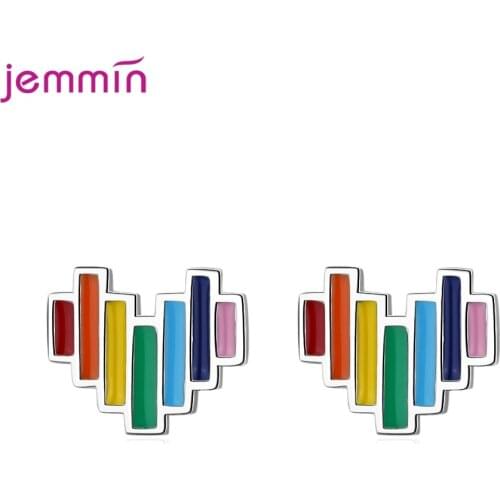 Rainbow Color Genuine 925 Sterling Silver Stud Earrings Heart Shape Stud Earrings For Women Girls Korean New Fashion Trend