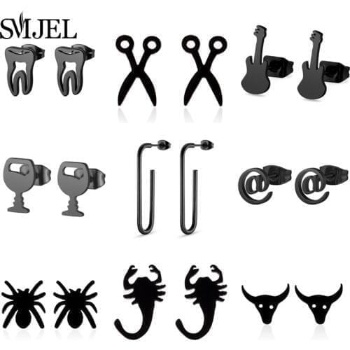SMJEL Hip Hop Earrings Black Animal Jewelry Small Tooth Round Stainless Steel Stud Earring Best Doctor Gift for Women Girl bijou