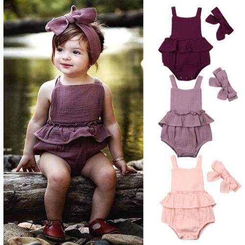 Summer New Sweet Causal Newborn Infant Baby Girls Cotton Sleeveless Bodysuits Headwear Summer Cute Baby Girls Solid Sotf Outfits