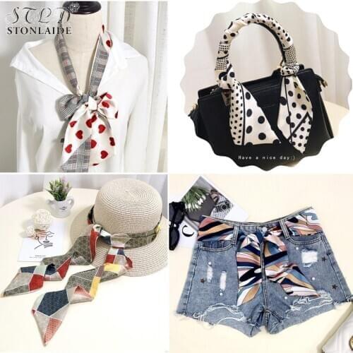 HOT Mid Length Silk Long Scarf For Women Spring Autumn Printing Korean Joker Scarfs Womens Neckchiefs Hair Bags Ribbons Belt