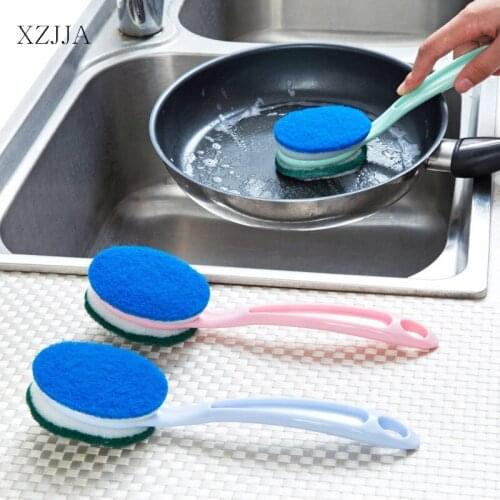 XZJJA Double-sided Long Handle Pan Pot Brush Dish Bowl Washing Cleaning Brush Scouring Pad Household Kitchen Cleaning Supplies