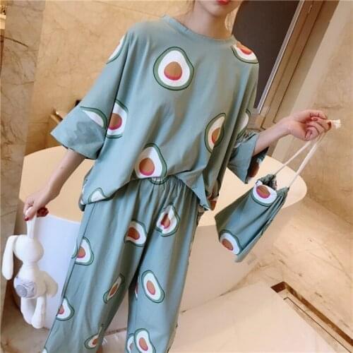 Womens Pajamas with Avocado Sleepwear Cotton Pijamas for Women Fruit Printing Pyjamas Carrot Pineapple Print Home Clothes