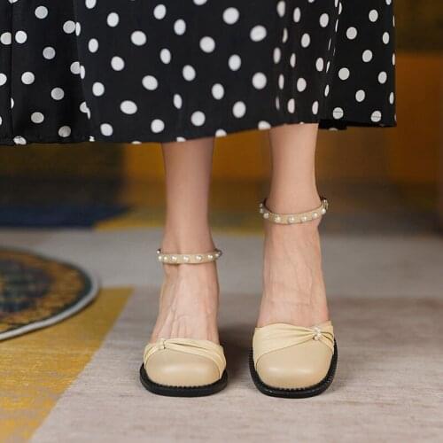 Beige Apricot Sandals for Women Genuine Leather Sweet Thick Heels Pumps Women 2021 Fashion Summer Party Shoes Woman