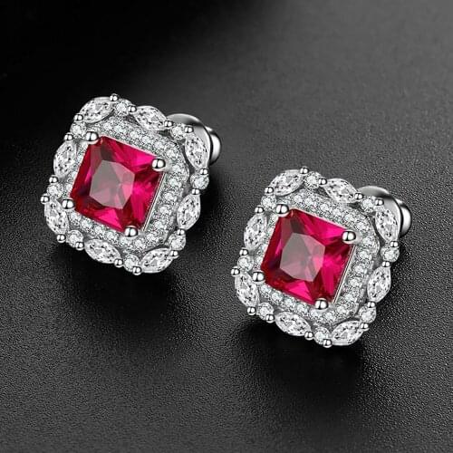 Vintage 6*6mm Emerald Ruby Gemstone Stud Earrings For Women Charms 925 Sterling Silver Wedding Party Fine Jewelry Gift Wholesale