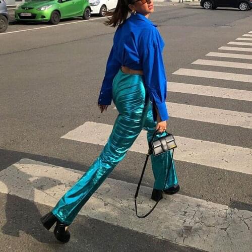 2021 New Fashion Glossy Women Trouser High Waist Green Y2k Casual Loose High Street Blue Autumn Winter Wide Leg Vintage Pants