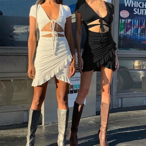 Women Ruffle Summer Mini Dress Ladies Casual V Neck Short Sleeve Bodycon Dress