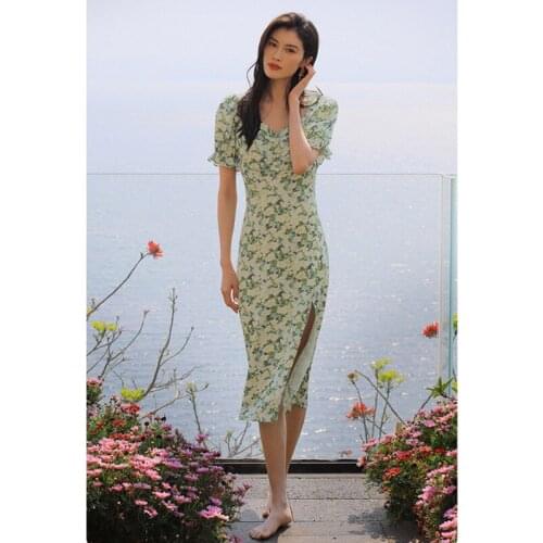 Womens Summer Dress Floral Casual Womens Dresses Split Elegant Woman Beach Dress Slim Short Sleeve Dress Woman Summer 2021