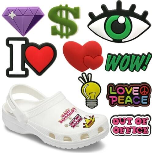 1pcs Eye Heart PVC Shoe Charms Dollar Sign Decorations Lovely Diamond Crown Ornaments Hot Words Accessories WOW Cool