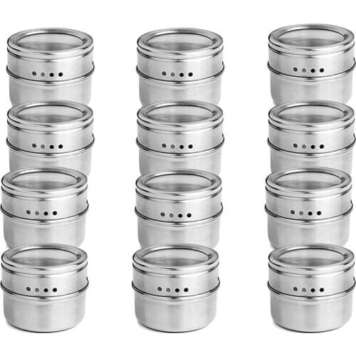 12pcs/set Clear Lid netic Spice Tin Jar Stainless Steel Spice Sauce Storage Container Jars Kitchen Condiment Holder Houseware