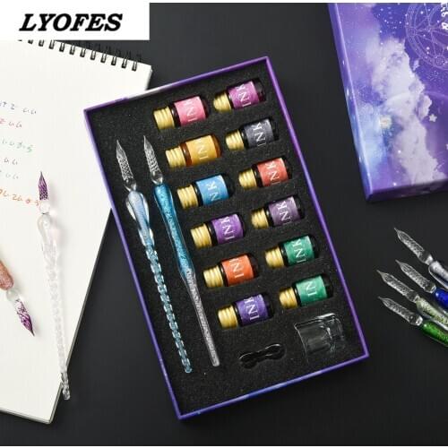 13/7Pcs Crystal Glass Pen Starry Sky Unicorn Dip Pen Glitter Powder Fountain Pen 12 Colors Ink Gift Box Set Writing Supplies