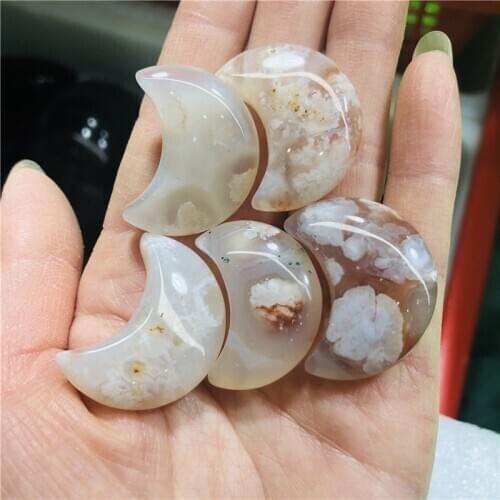 Natural Snowflake Cherry Blossom Agate Moon Shaped Crystal Gemstone Healing Natural Stones and Minerals 5pcs