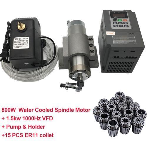 800W 24000RPM Water Cooled 4Bearings Spindle Motor 65x195MM +1.5KW 220V VFD Frequency Converter +Pump+Holder + ER11 Collet Kits