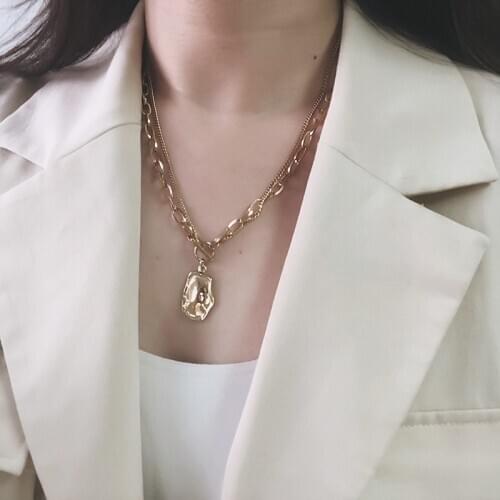 Amaiyllis 14K Gold OT Buckle Gold Necklaces Retro Metal Industrial Wind Irregular Long Chain Necklaces For Women Summer Jewellry