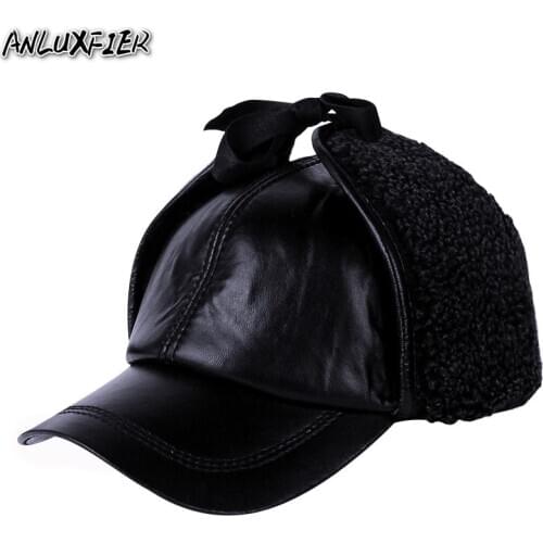 B-9483 Male Genuine Leather Hat Ear Protection Winter Warm Hats Mens Leather Protective Earpiece Cap Baseball Cap Velvet Inside