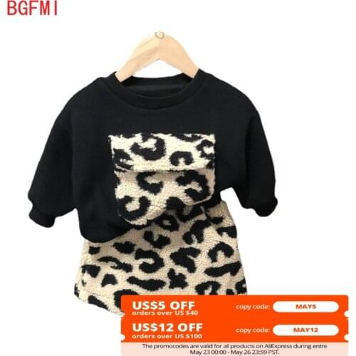 Children Clothing 2021 Autumn Winter New Korean Girl Leopard Print Fur Suit Fashion 2pcs Set Warm Sweater Cover Baby Clothes