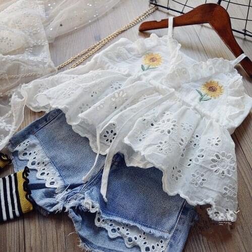 Children Clothing 2021 Spring And Summer New Girls Embroidered Lace Sling Top + Denim Shorts Two-Piece Suit Baby Girls Clothes