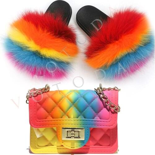 Children Fur Slippers Bag Set Toddlar Real Fox Fur Slides Wallet Sets Kids Raccoon Fur Flip Flop Purse Set Baby Rainbow Sandals