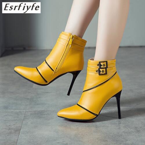 ESRFIYFE 2019 New High Quality Women Leather Autumn Winter Ankle Boots Pointed Toe Black Stiletto Heels Ankle Booties Size34-50
