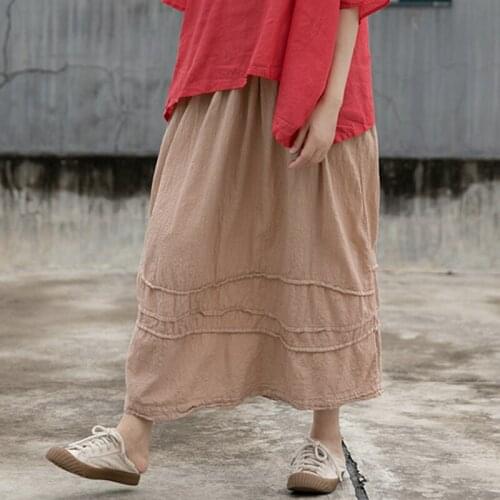 Johnature Women Khaki Cotton Linen Skirts Vintage Elastic Waist 2021 Summer New Original Female Clothes A-Line Skirts