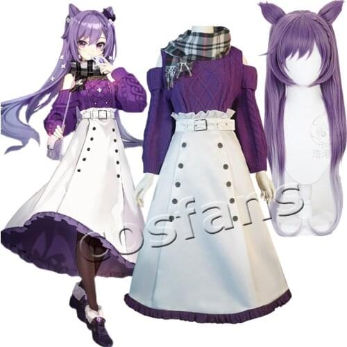 KEQING Cosplay Genshin Impact Costumes Cashmere Sweater Anime Project White Skirt Girl JK Clothes Belt Scarf Halloween Wigs