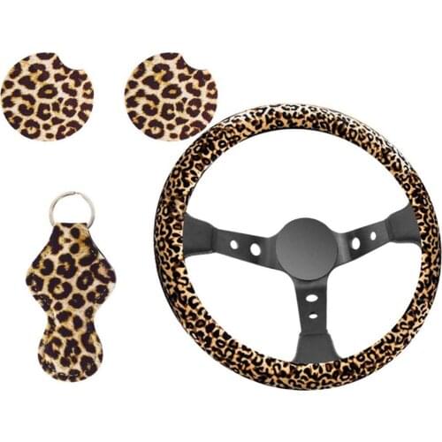 Steering Wheel Cover Set for Most Steering Wheel Anti-skid Leopard Print Car Wheel Protector with Keychain Car Coasters Cover