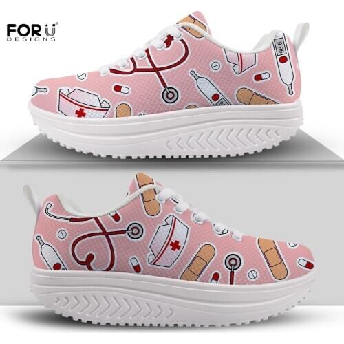 FORUDESIGNS Women Casual Shoes Lightweight Lace Up Wedge Platform Sneakers Cute Nurse Care Print Breathable Air Mesh Swing Shoes