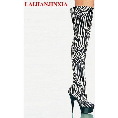 LAIJIANJINXIA 15cm Fashionable Zebra Horsehair Leather Platforms Womens Boots 6 Inch High Heel Shoes Sexy Thigh High Boots