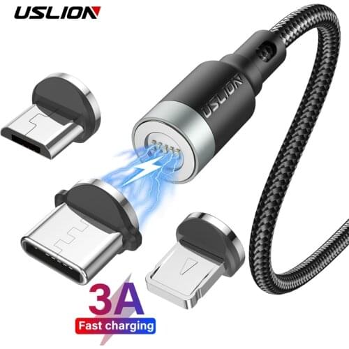 USLION Magnetic Cable 3A Fast Charging For iPhone Xs Max XR 8 7 6 6S Plus Micro USB Cable Type C Cable For Samsung Xiaomi Huawei