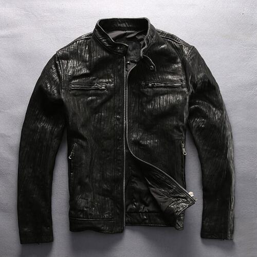 2019 New Men Vegetable tannin Goatskin Black Genuine Motorcycle leather jacket Fashion Fold Goat Skin Stand collar Casual Jacket