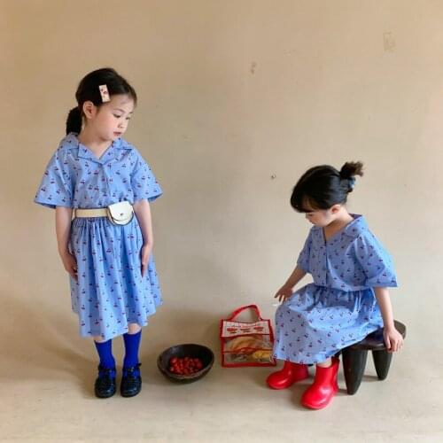 Summer Baby Girls Clothing Set Korean Casual Cherry Print Lapel Shirts Skirts Kids 2pcs Suits For Girls 2-8 Y Children Clothes