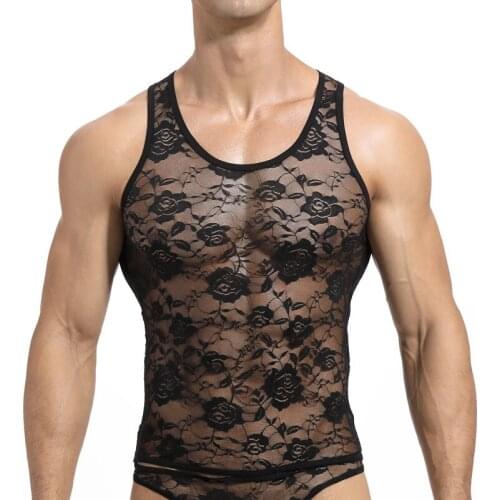 Sexy Lace Mens Tank Tops Transparent Mesh Singlet Underwear Gay Exotic Home Lounge Sleep Wear Undershirt Summer Vest