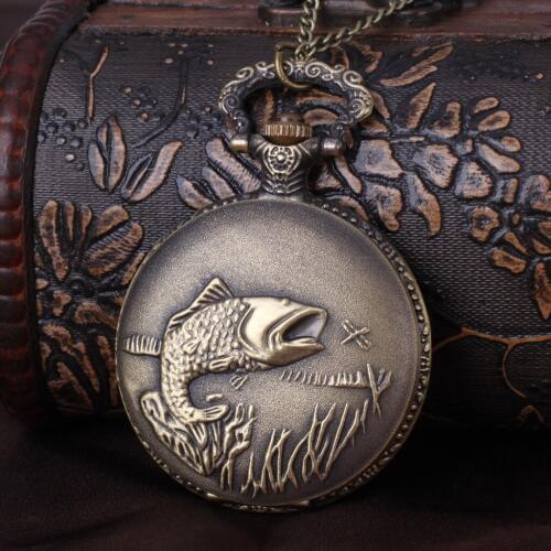 Vintage Big Size Bronze Craved Fish White Surface Retro Best Gift Pocket Watch with waist chain
