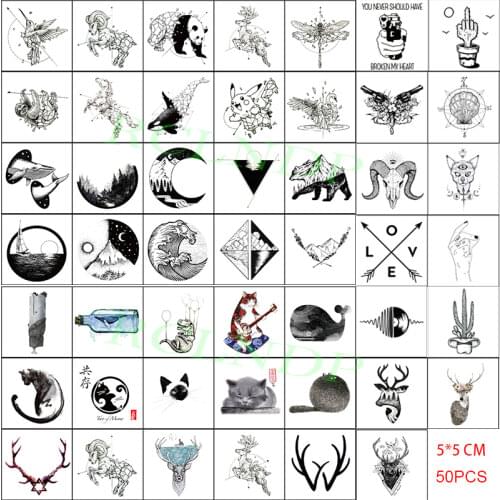 Temporary Tattoo Sticker Set Bird Moon Whale Cat Gun Tatoo Flash Tatto Fake Waterproof Stickers for Men Women Girls 50 Pcs